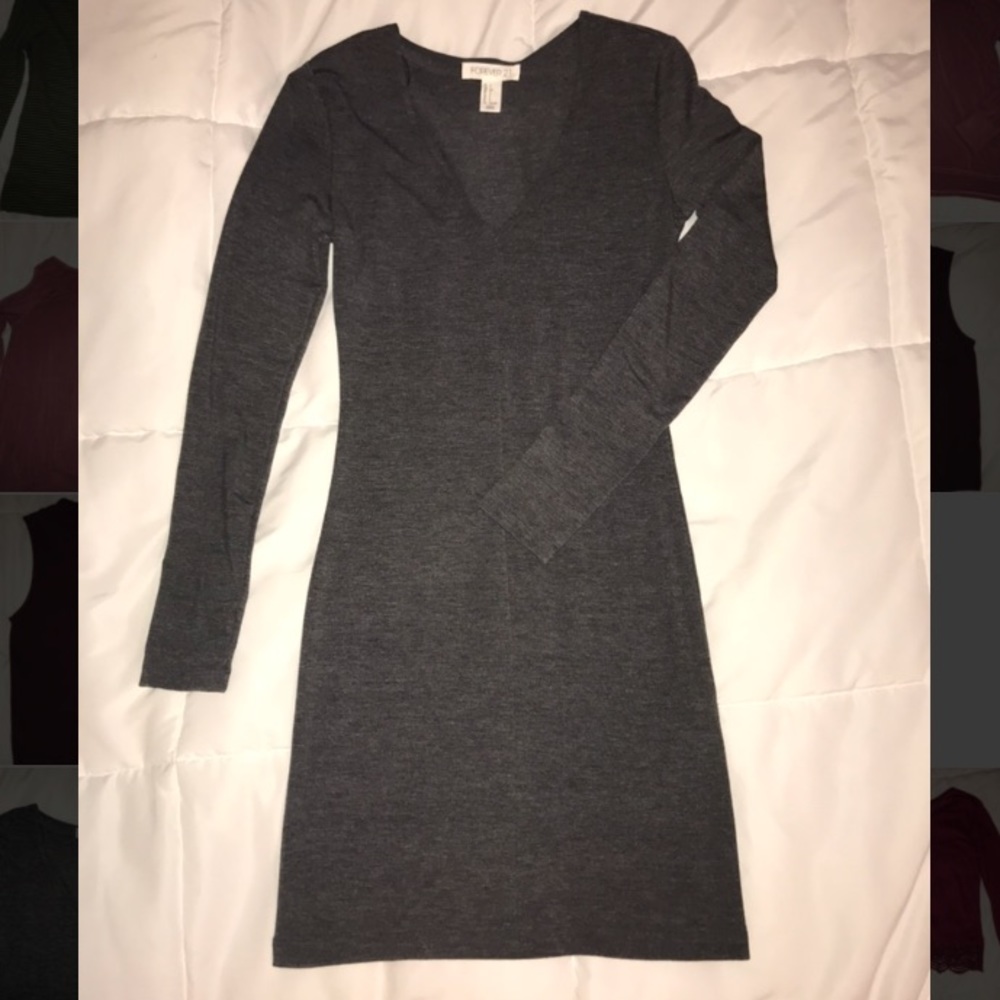 Gray V-neck bodycon long sleeve dress
